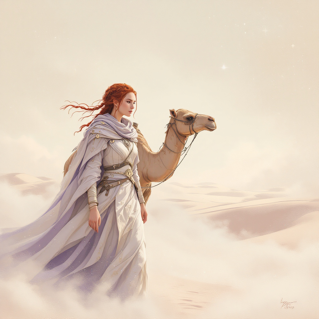 FLUX prompt: A lone red-haired warrior woman with braided hair ...