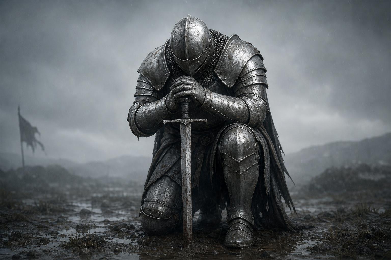 ChatGPT Image prompt: Create an image of a large and powerful knight kne...
