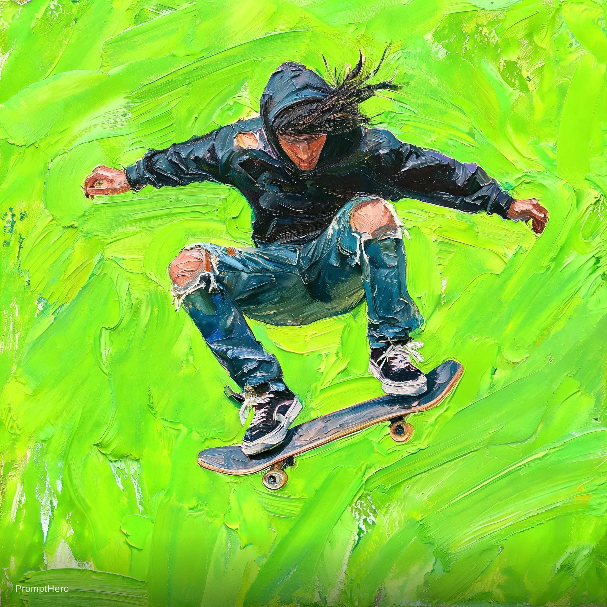 Hero prompt: artistic, painting, skateboarder, mid-air trick ov...