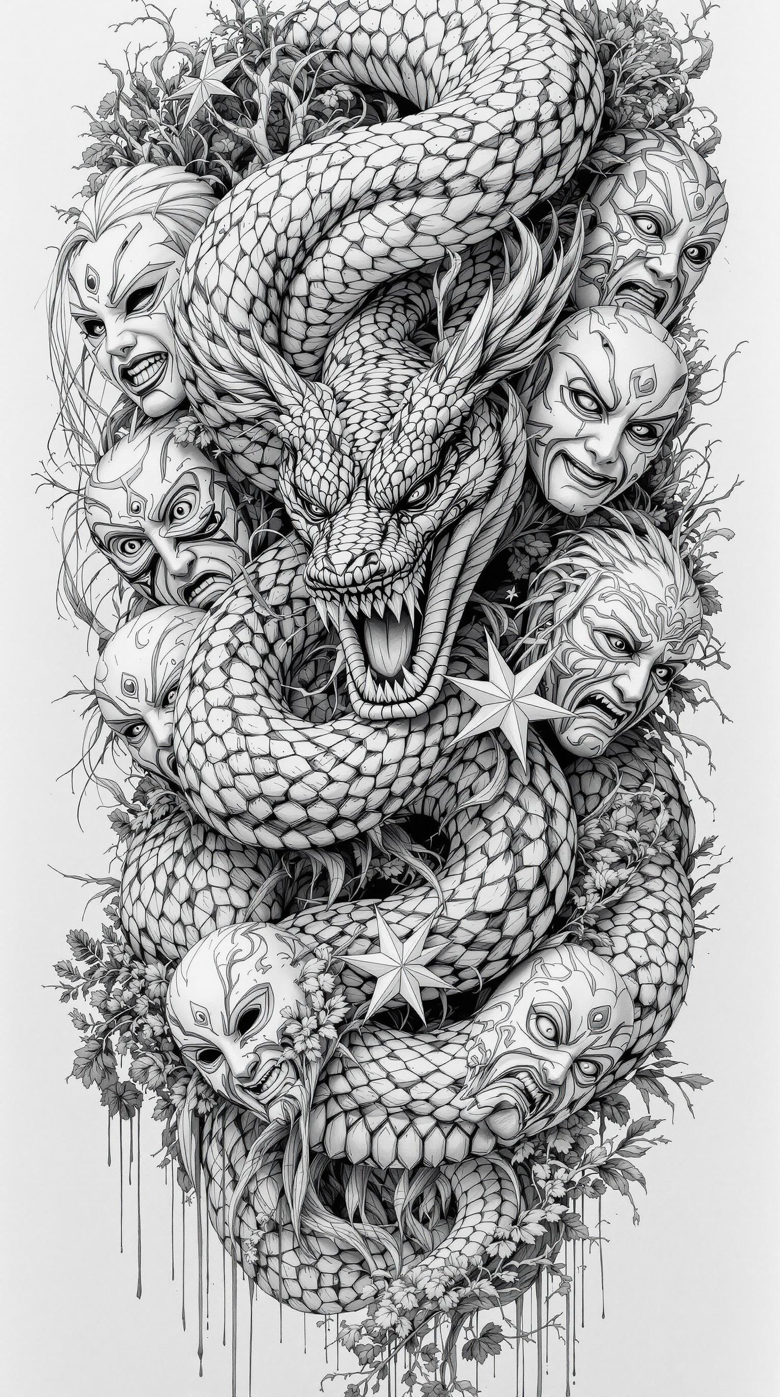 FLUX prompt: A snake, black and white pencil drawings,Countless...