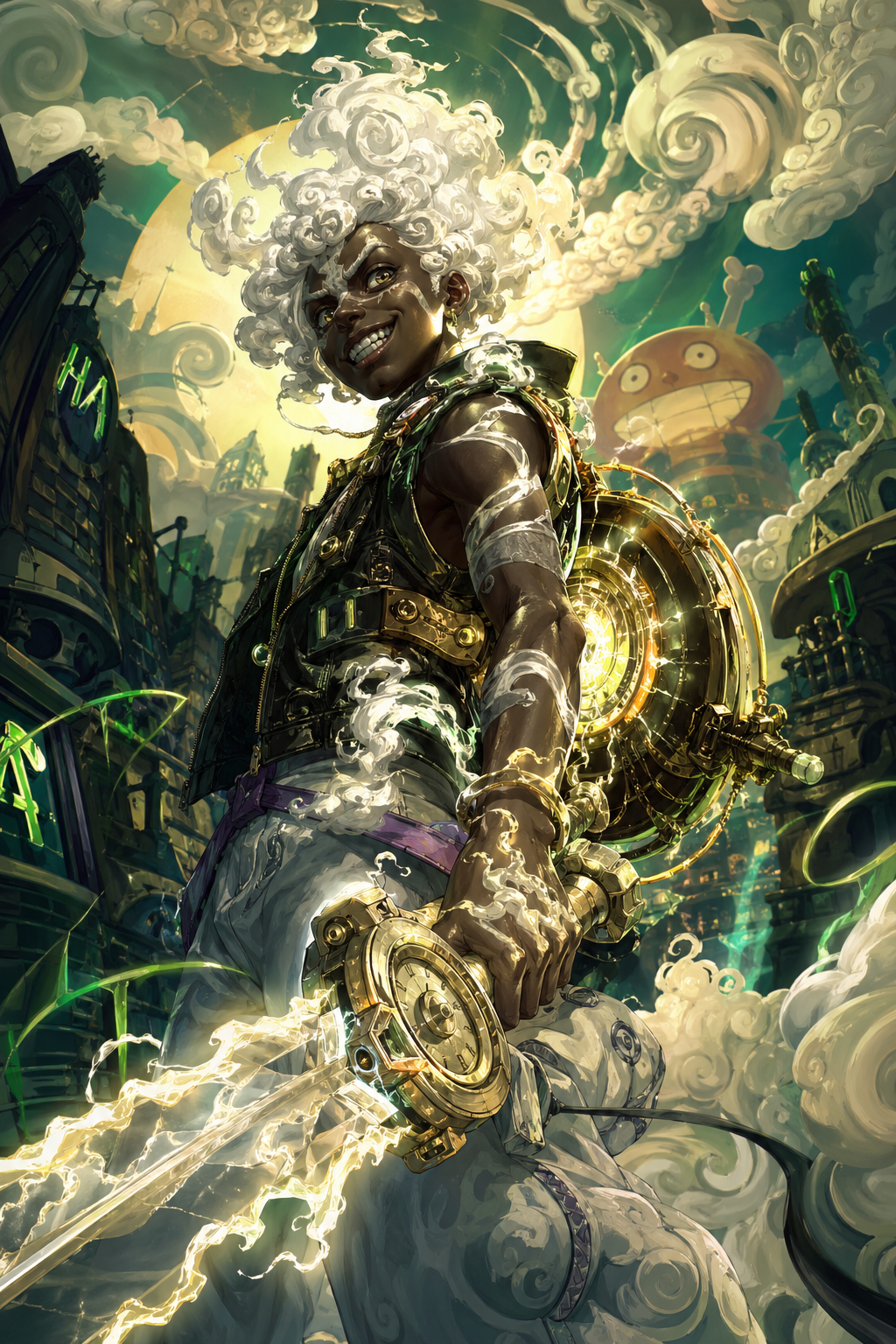 FLUX prompt: Concept: A fusion of Ekko (LoL) and Sun God Nika (...