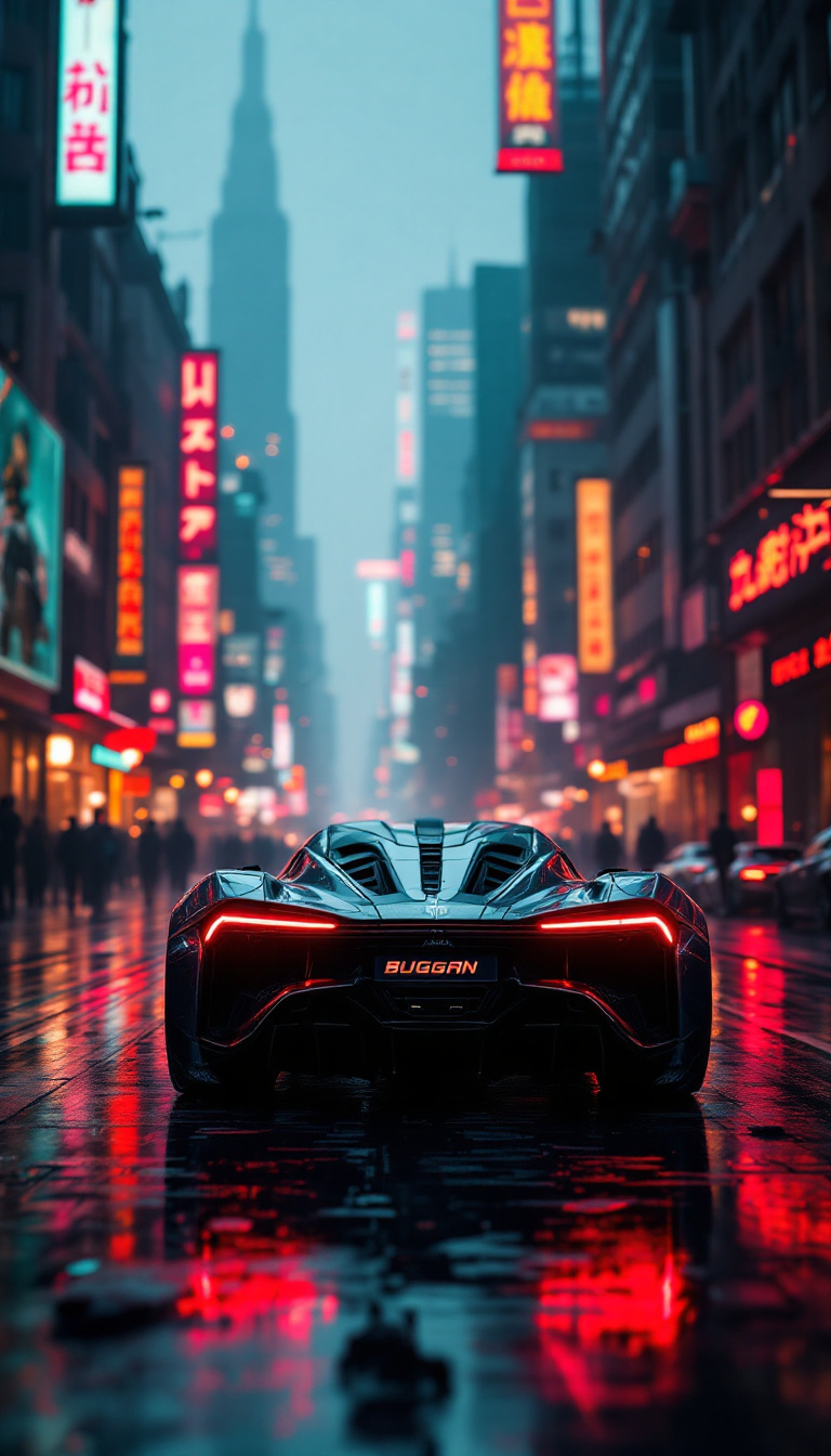 FLUX prompt: a buggati chiron is standing in a cyberpunk city w...