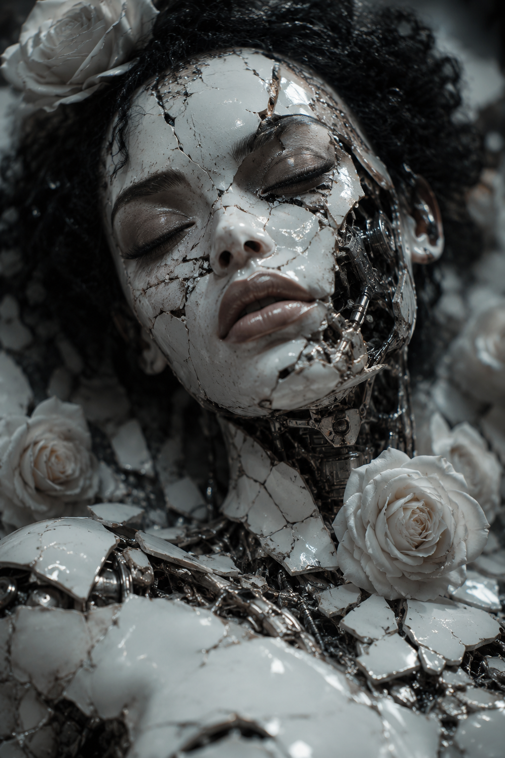 Death of a beautiful humanoid female, close up of...
