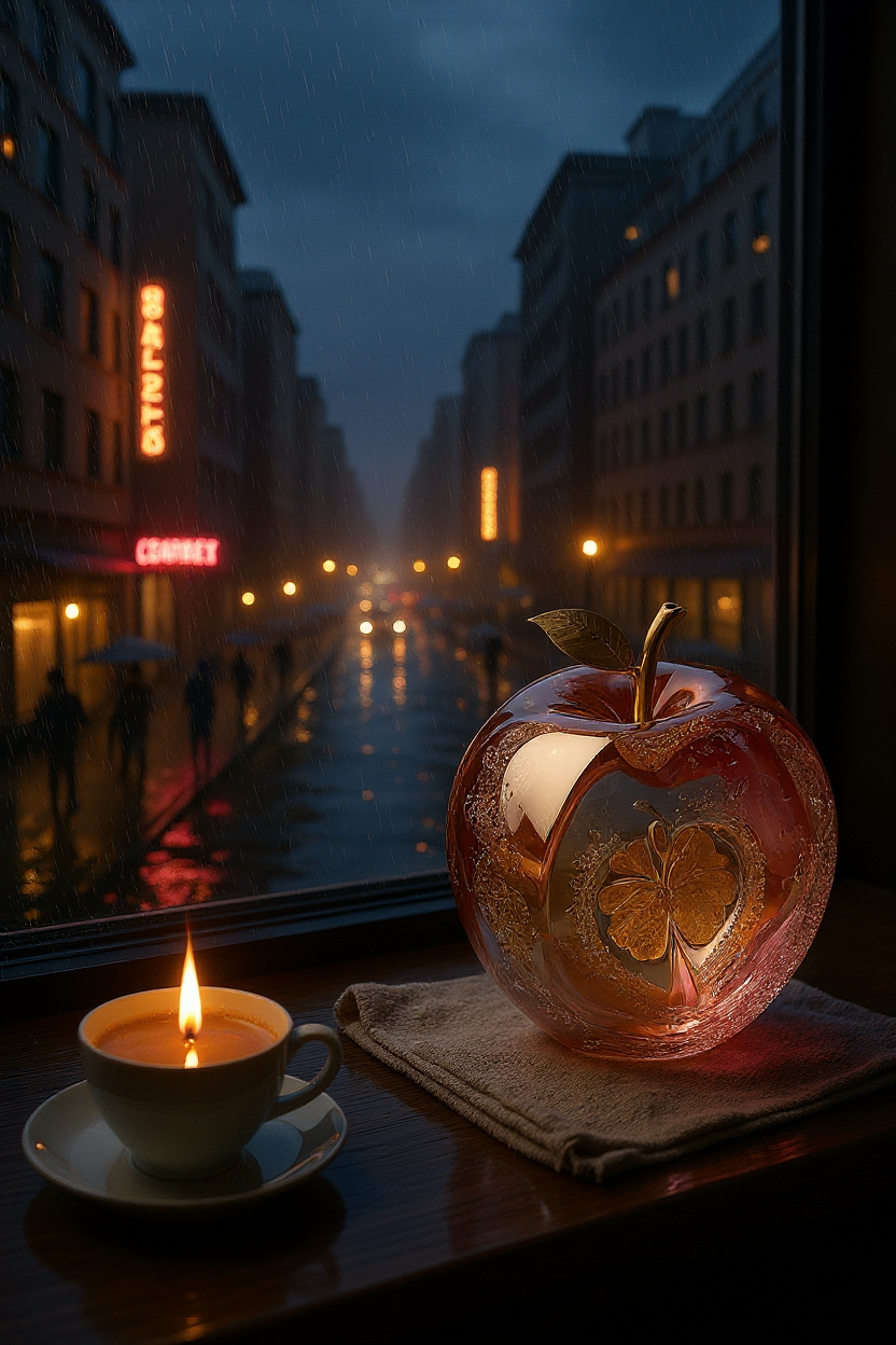 FLUX prompt: A cozy cityscape at dusk, viewed from a warm apart...