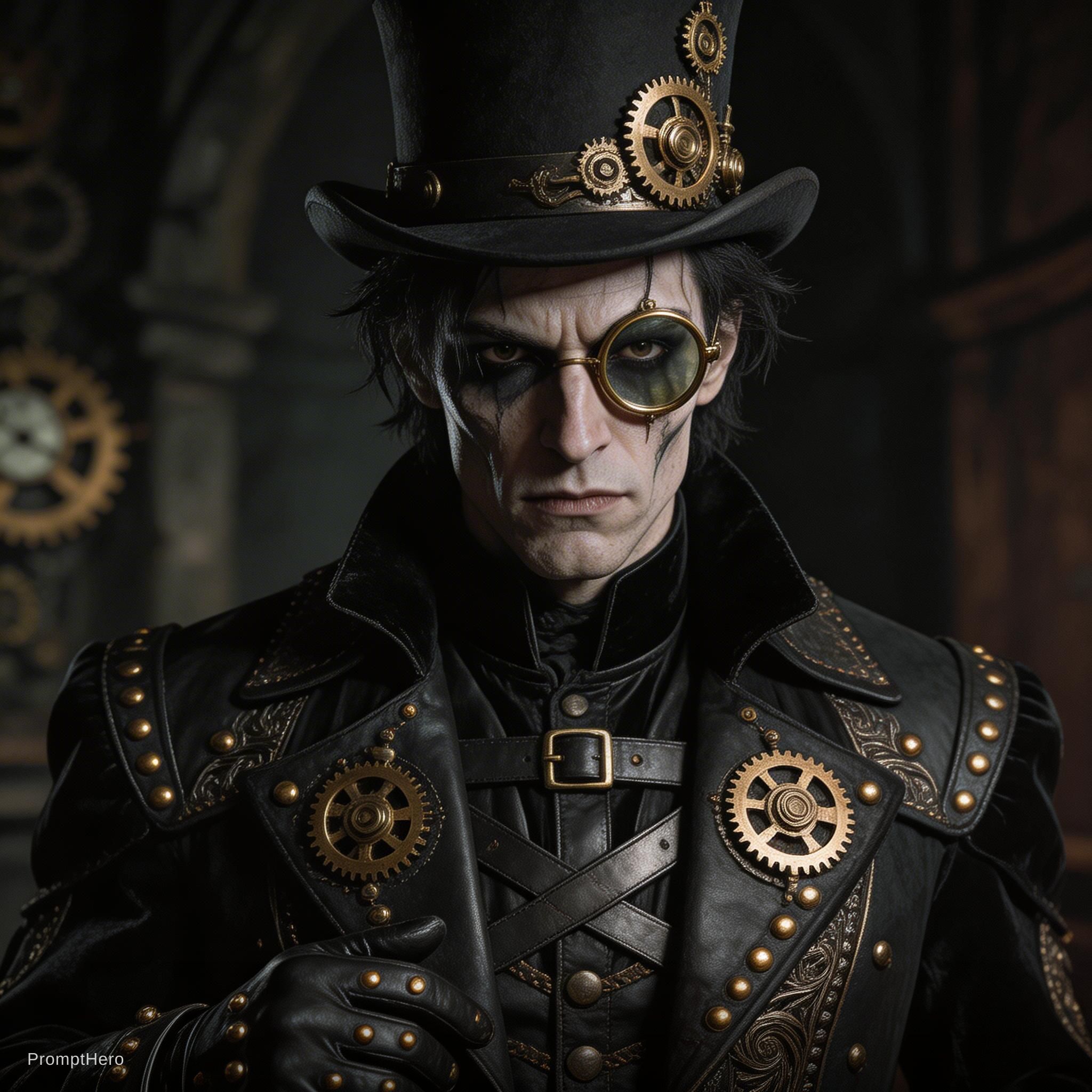 Hero prompt: created photo A goth steampunk grotesque male atti...