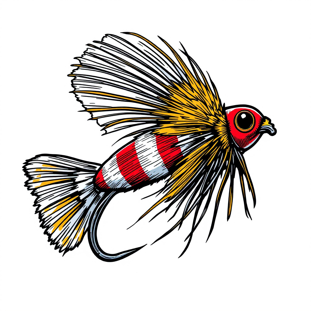 FLUX prompt: Royal Wulff dry fly in bold comic sticker style:

...