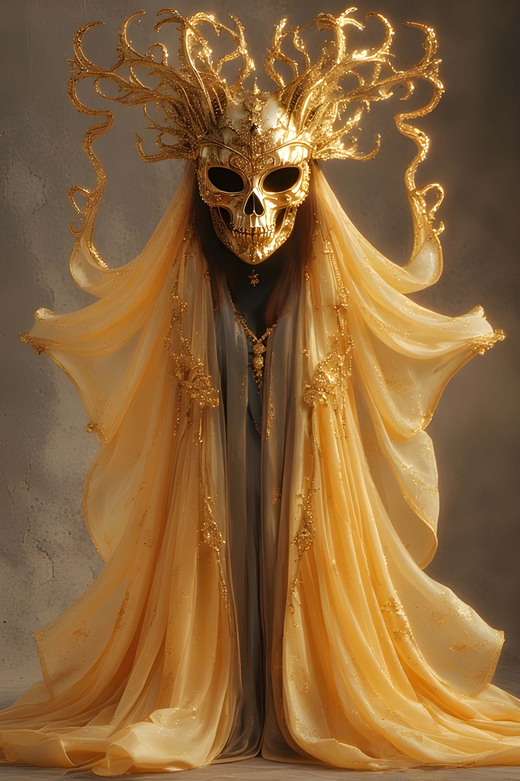 Juggernaut prompt: A regal figure, adorned in a golden skull mask wit...