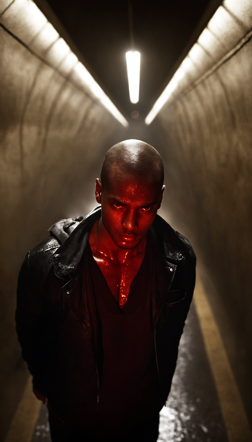 Stable Diffusion prompt: bald man in leather jacket with blood on face and ...