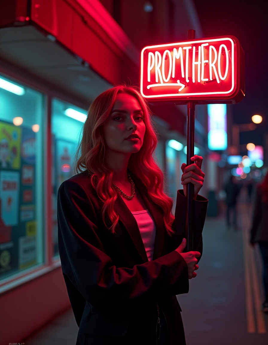 FLUX prompt: Lana Del Ray Holding a "PROMTHERO" neon sign, nigh...
