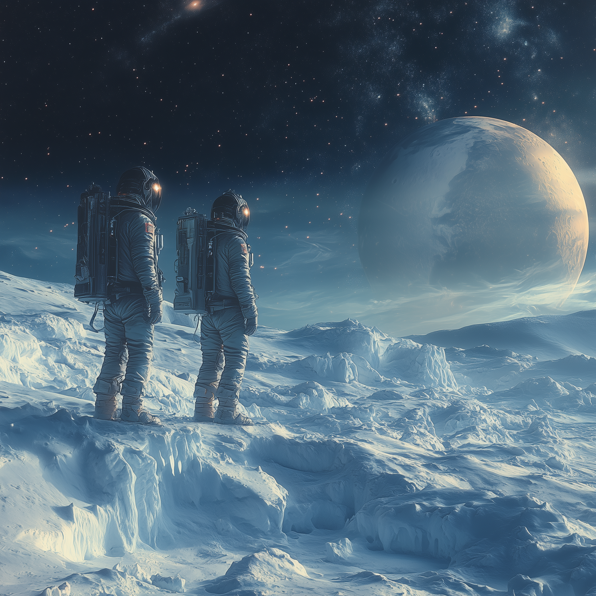 Midjourney prompt: Two astronauts standing on the surface of an icy m...