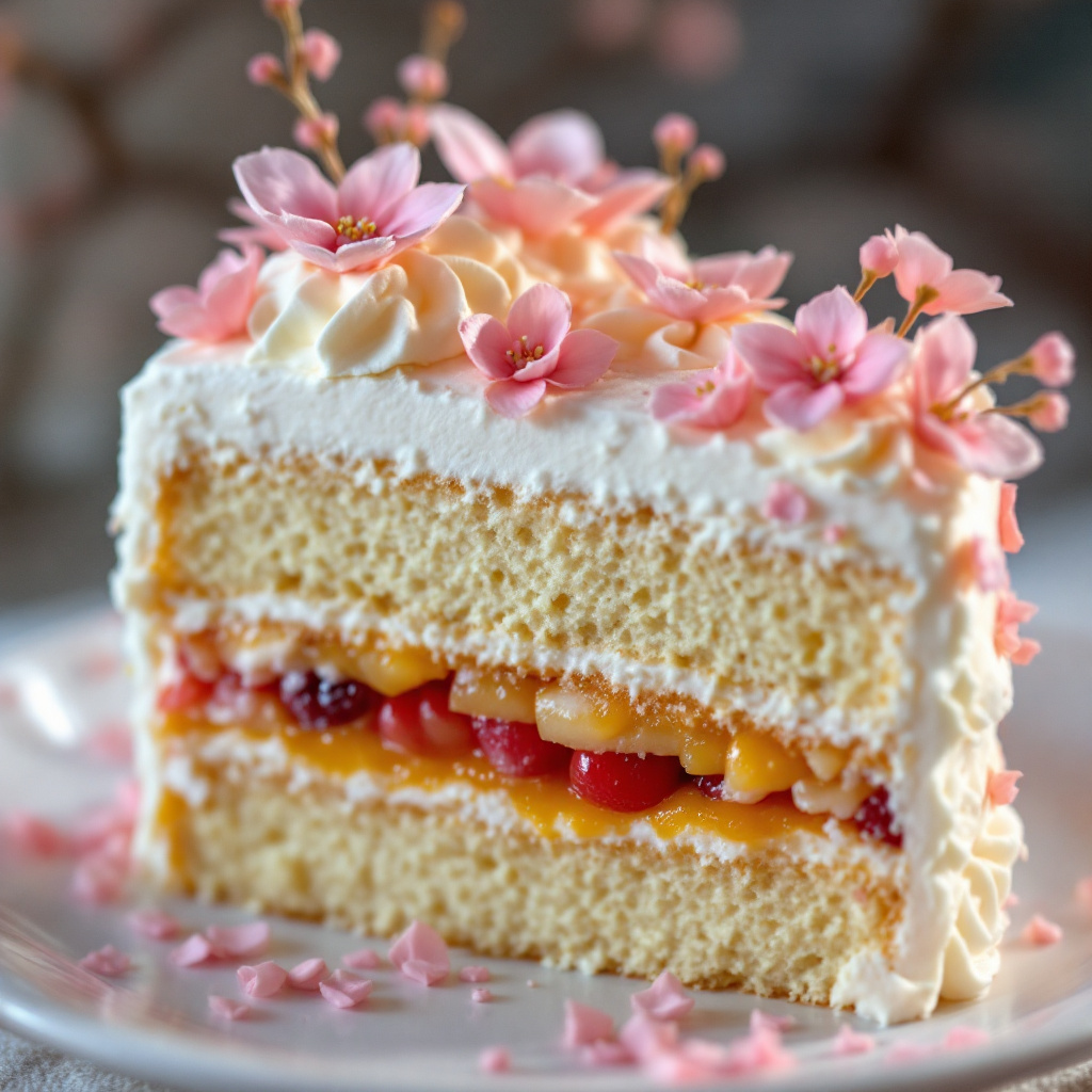 FLUX prompt: Close up photograph of a slice of layered cake wit...
