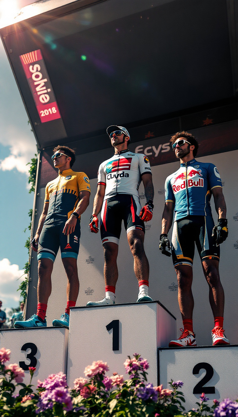 FLUX prompt: Summer. There are 3 riders on the podium, wearing ...