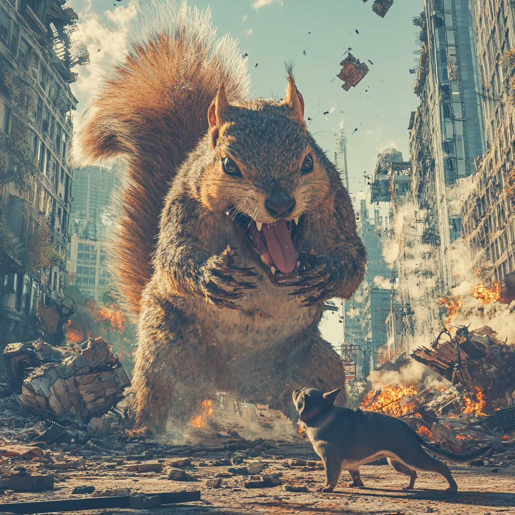 Midjourney prompt: a huge squirrell fights a dog in a destroyed city,...
