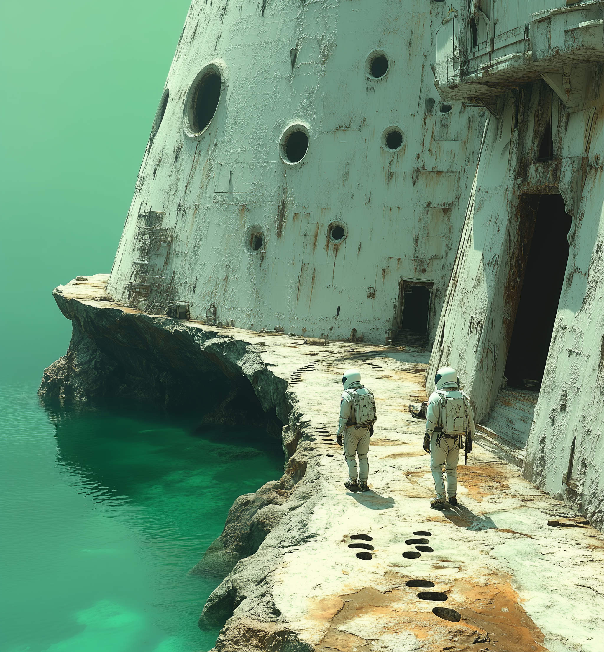 Midjourney prompt: Two astronauts walk on the surface of an alien pla...