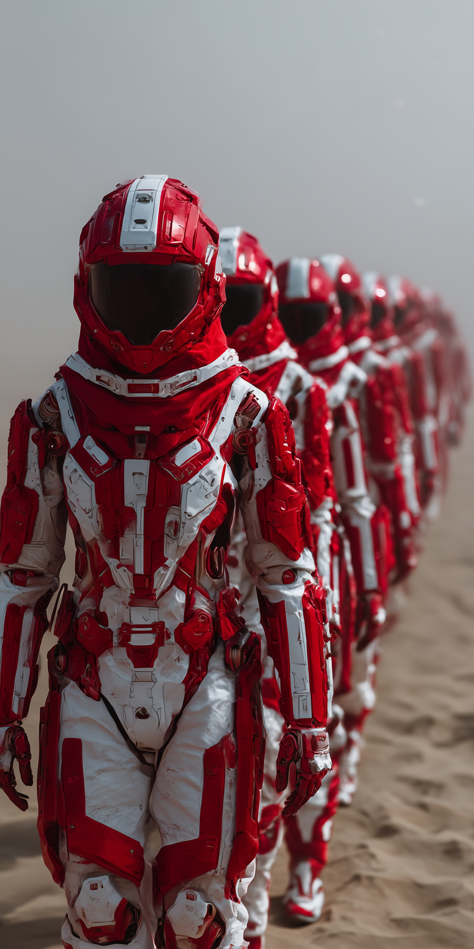 Midjourney prompt: A group of female robot astronauts in red and whit...