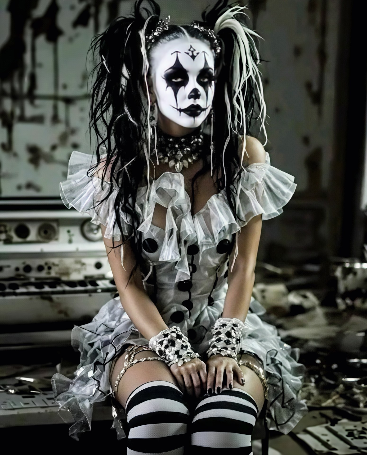 A cinematic high-detail portrait of a gothic harle...