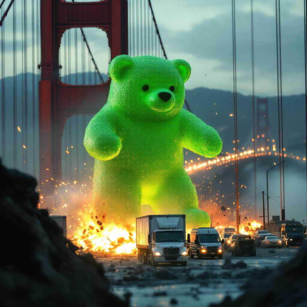 FLUX prompt: Green Enormous sized Gummy Bear disrupts the traff...