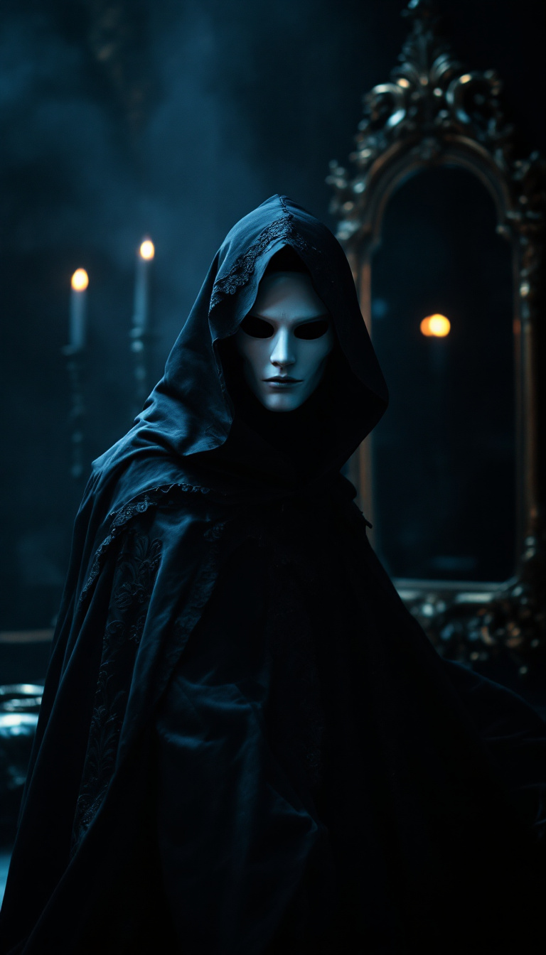 FLUX prompt: Dramatic portrait of a masked mystic in a shadowy ...