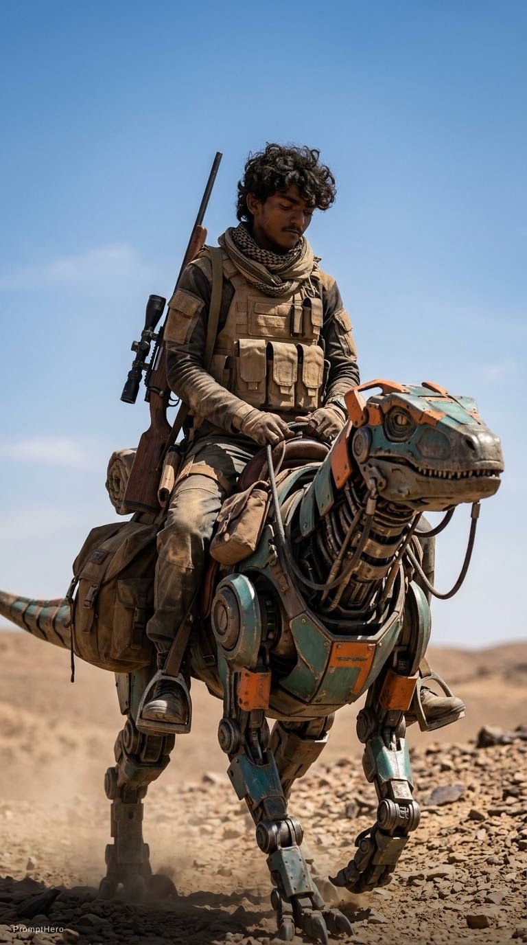 Hero prompt: A lone desert scout riding a robotic reptile-like ...