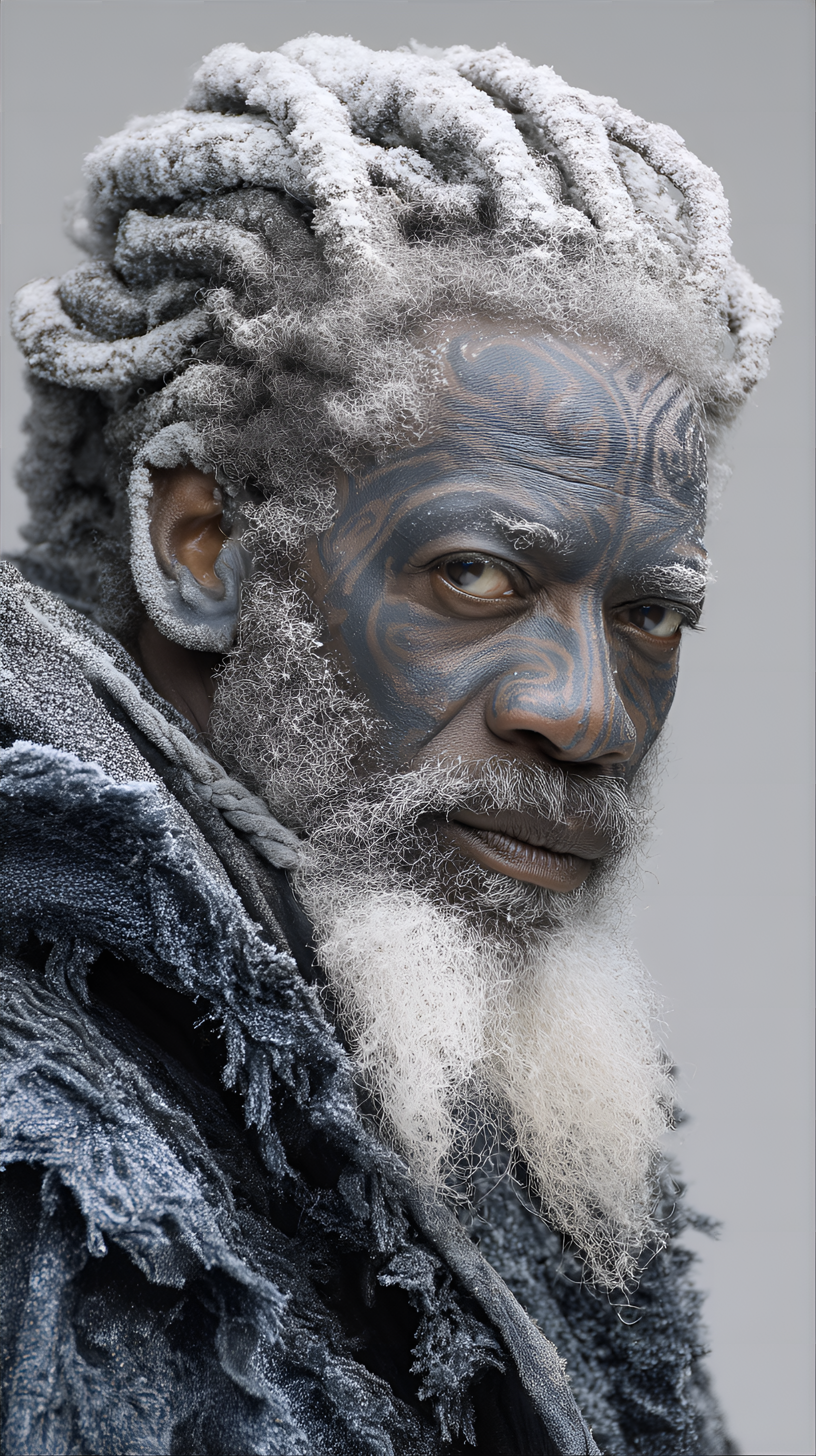 Midjourney prompt: Mature Black man, 50s-60s, with intricately patter...