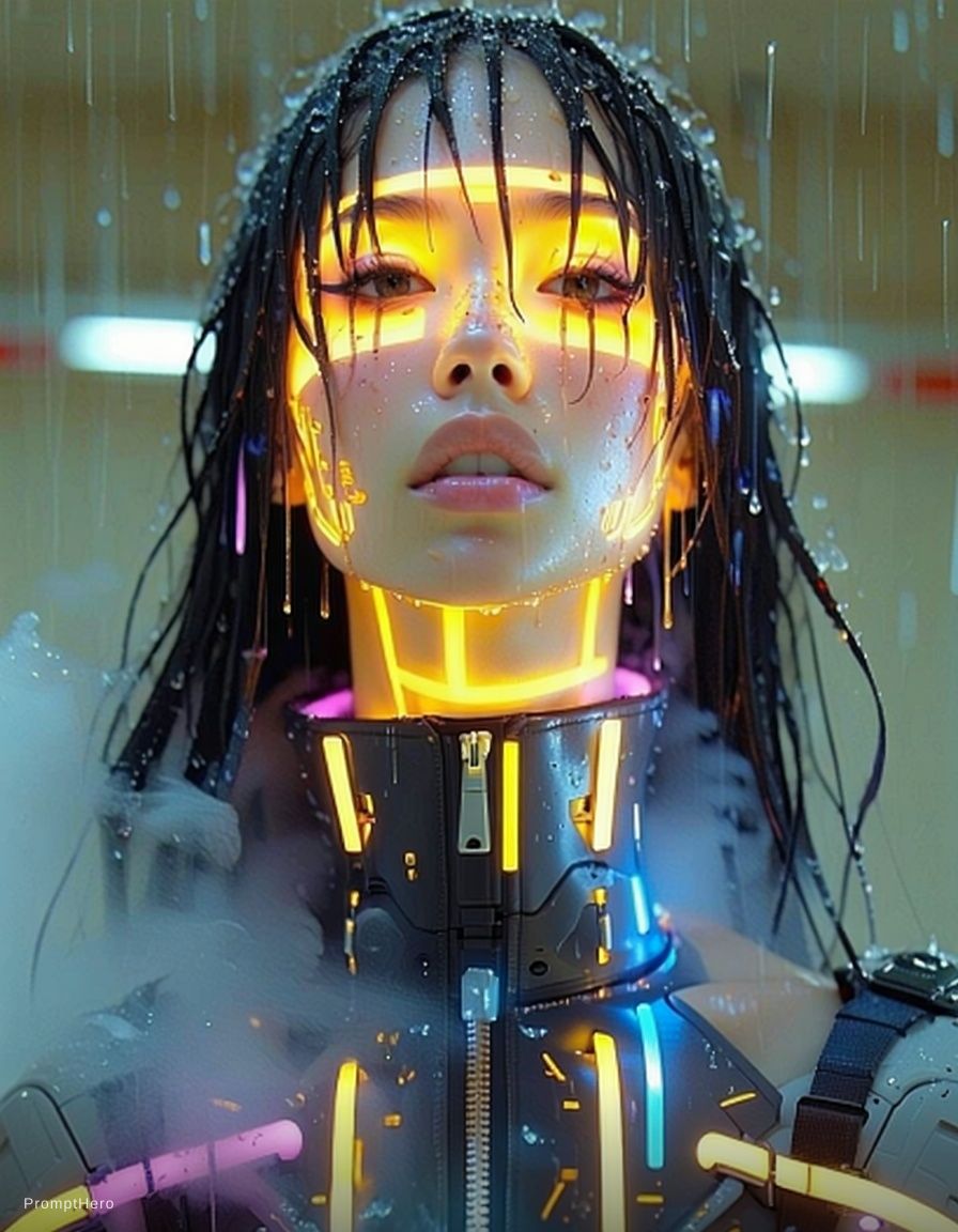 Hero prompt: A sultry cyberpunk street siren stands under neon ...