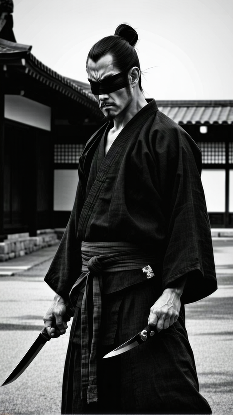 Stable Diffusion prompt: Japanese Yakuza Warrior,eyes shut with black silk ...