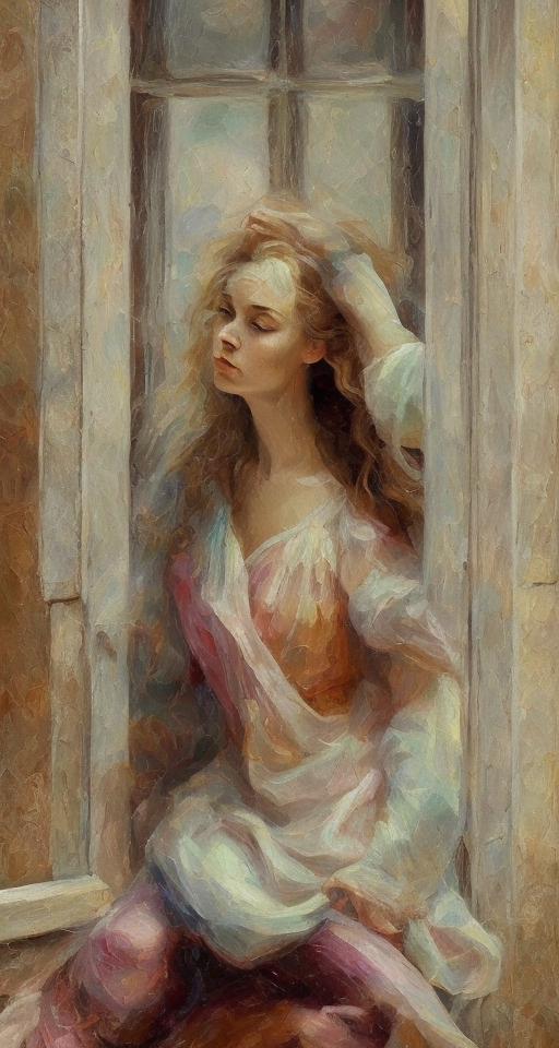 Openjourney prompt: a painting of a woman sitting near a window, in th...