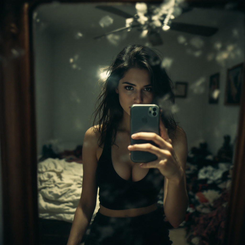 FLUX prompt: woman stands in front of a mirror, capturing a se...