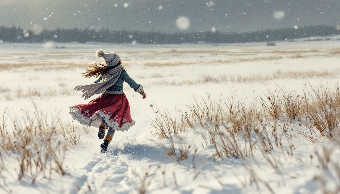 FLUX prompt: a girl runs across a field and enjoys the snow, si...