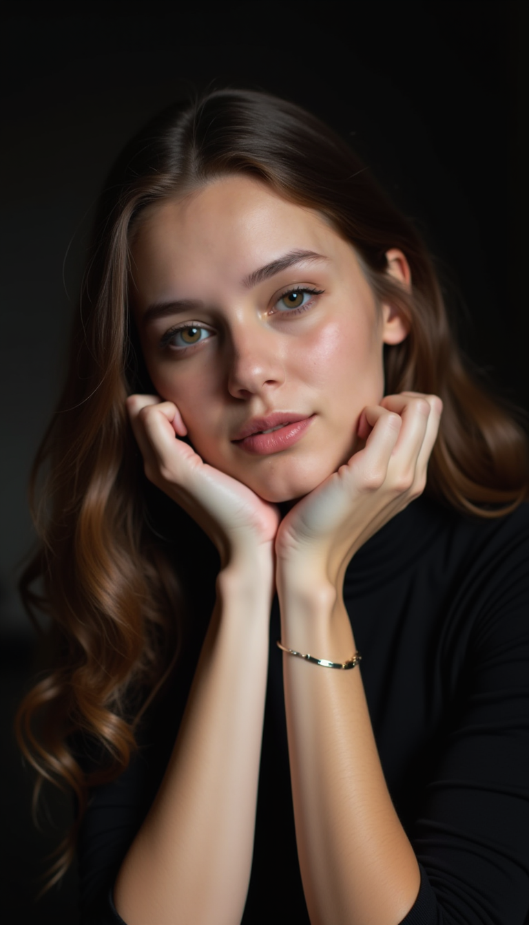 FLUX prompt: A young woman with long wavy brunette hair rests h...