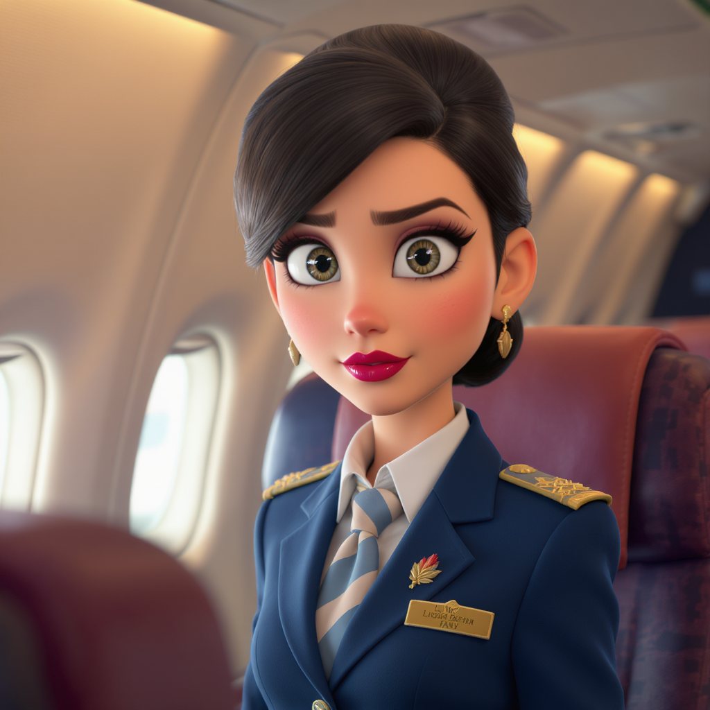 FLUX prompt: A stylized female flight attendant in uniform with...