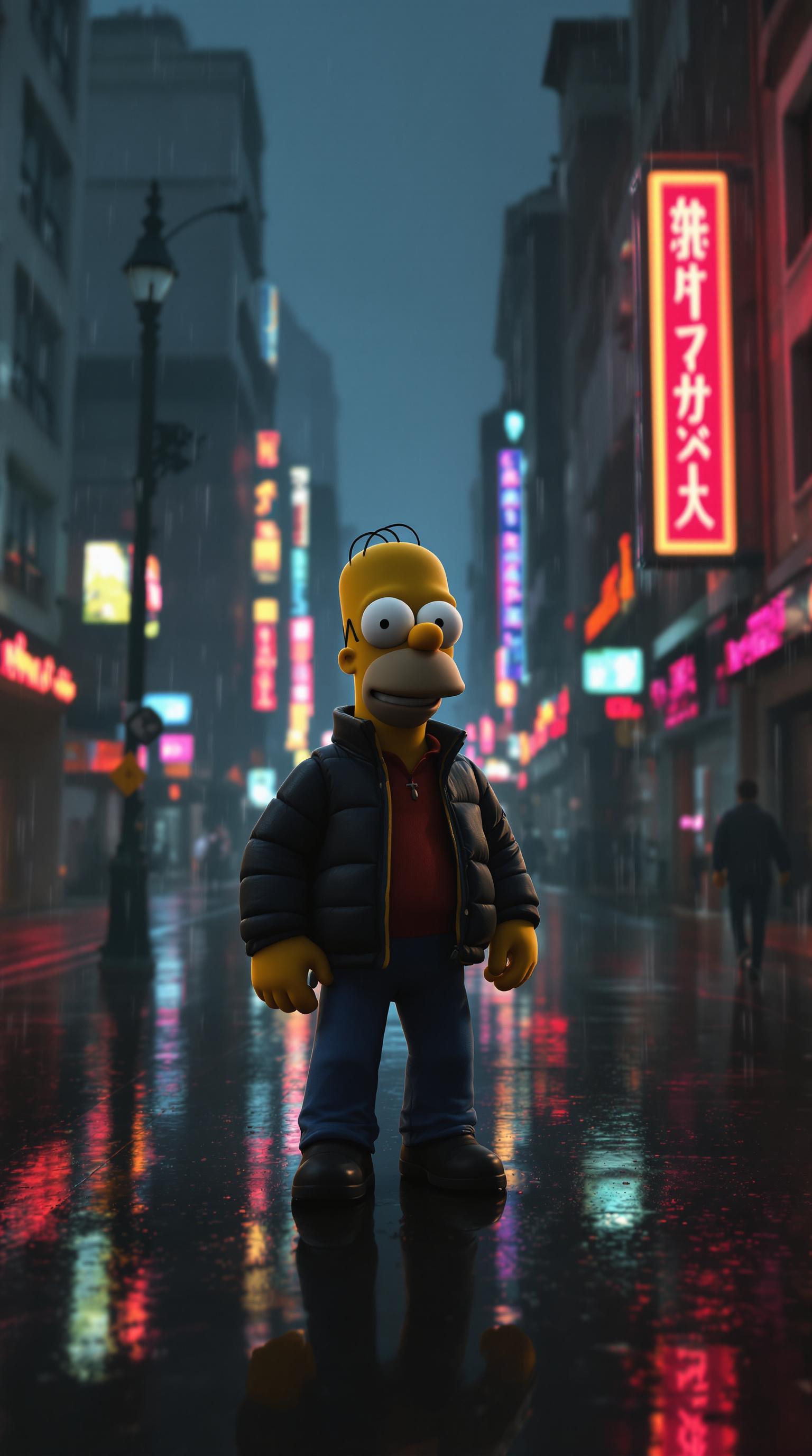 FLUX prompt: 3d cartoon Homer simpson Posing In dark rainy Dyst...