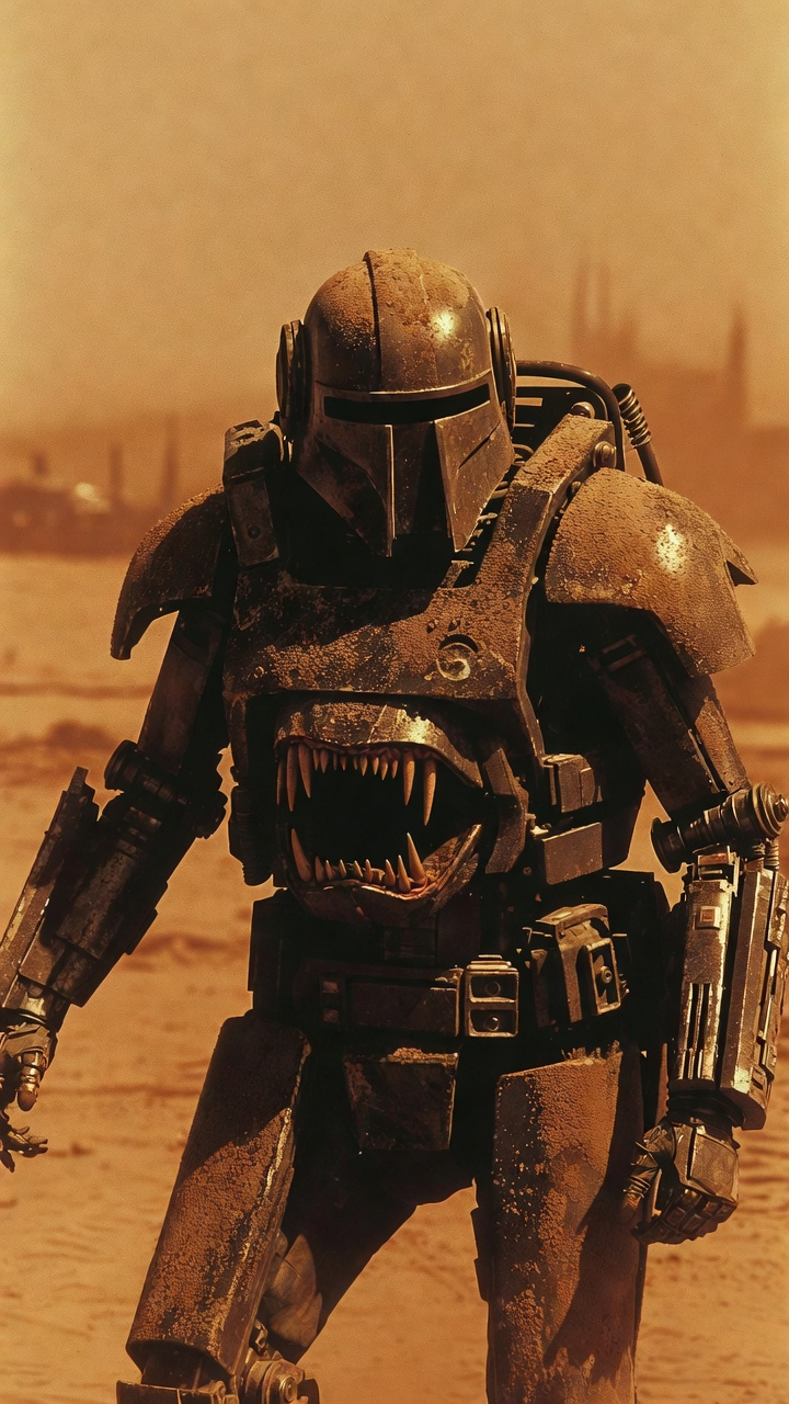 A cinematic wide shot of a lone warrior in a desol...