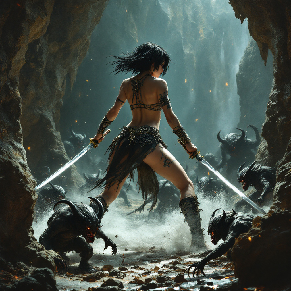 FLUX prompt: A full body view of a (((barefoot))) Female Warrio...