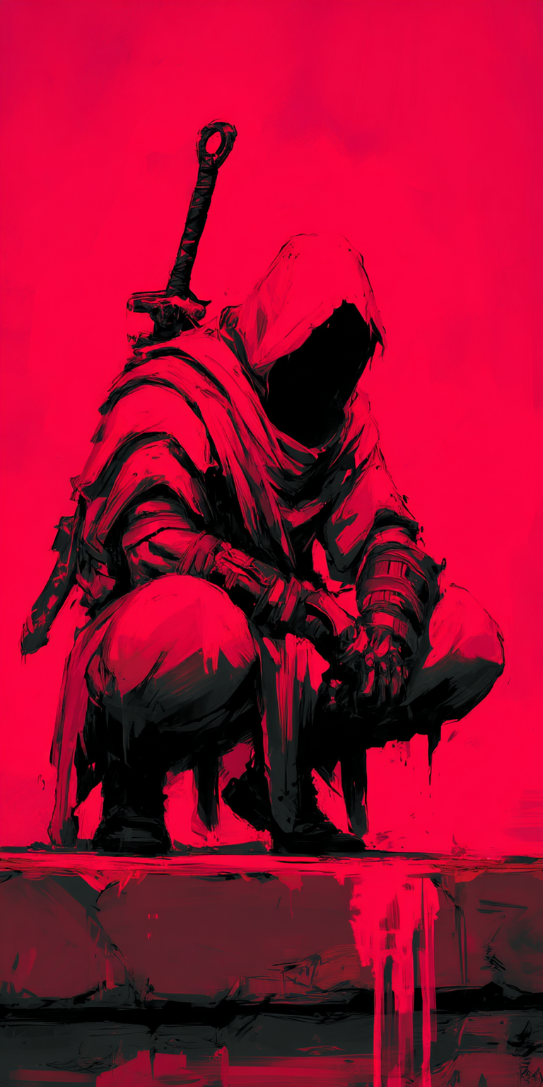 Midjourney prompt: A hooded figure, holding a sword in one hand, fant...