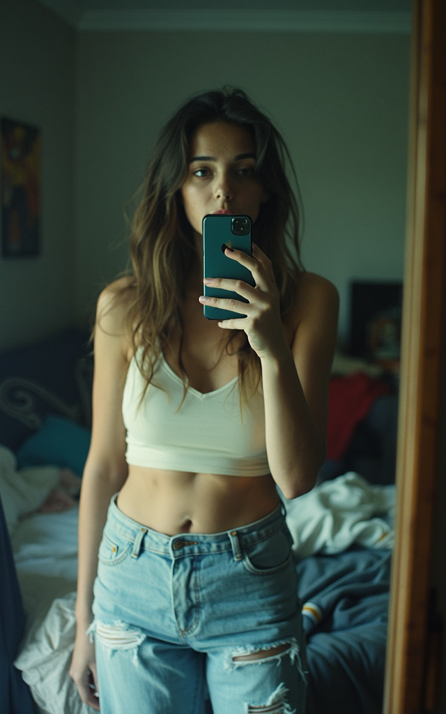 FLUX prompt: A woman stands in front of a mirror, capturing a s...