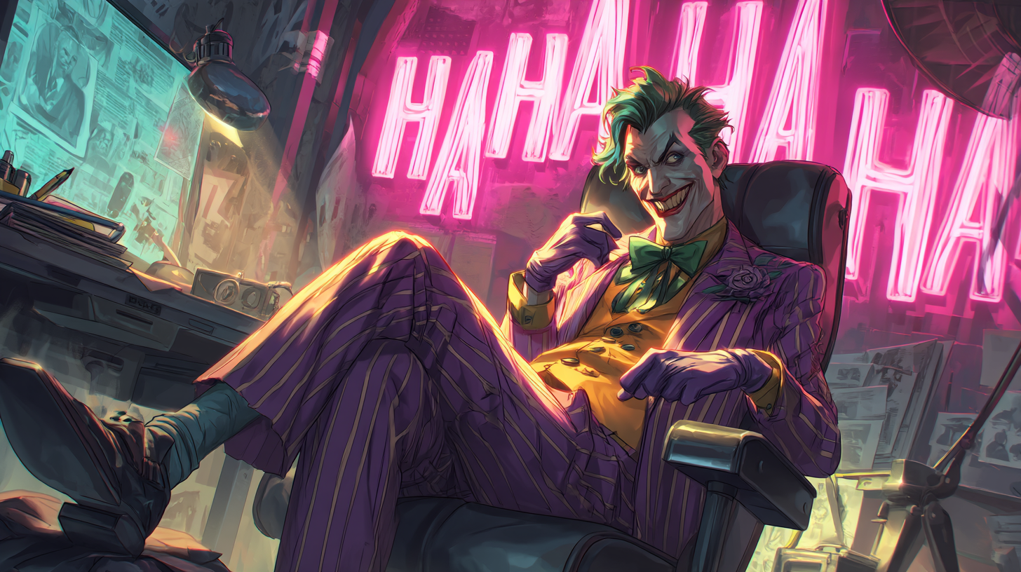 Midjourney prompt: The Joker, a male adult with Caucasian features, i...
