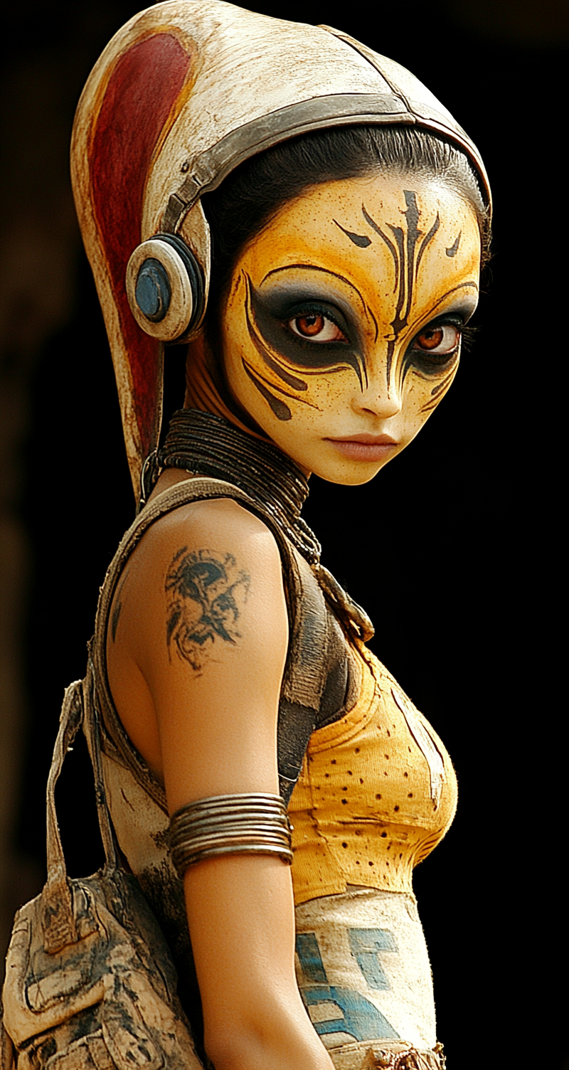 Midjourney prompt: female alien, side view, entire body, realism, gri...