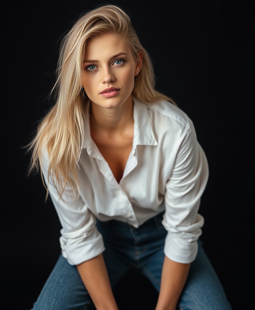 FLUX prompt: fashion model shoot, of a blonde woman with green ...