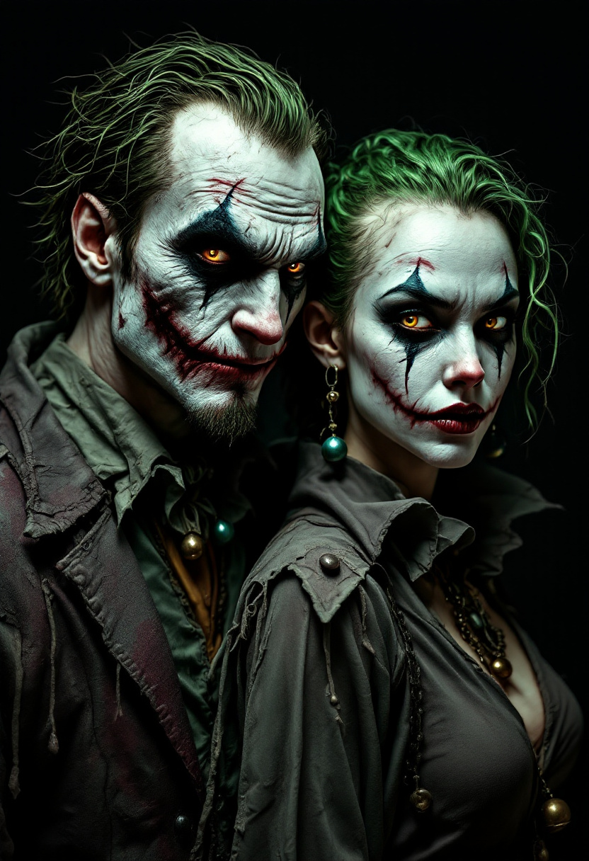 FLUX prompt: Two jokers, a menacing male and a sinister female,...