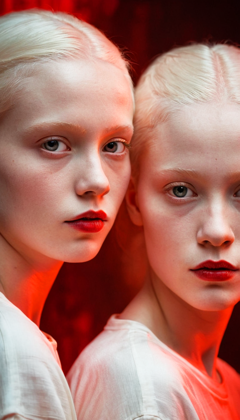 Stable Diffusion prompt: Fashion photography, close portrait of two albino ...
