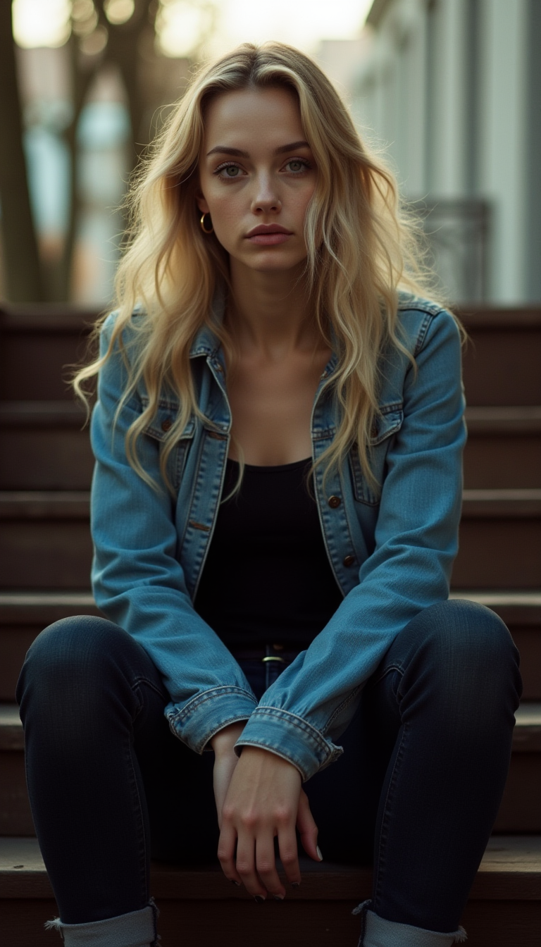 FLUX prompt: A young woman with long blonde hair styled in loos...