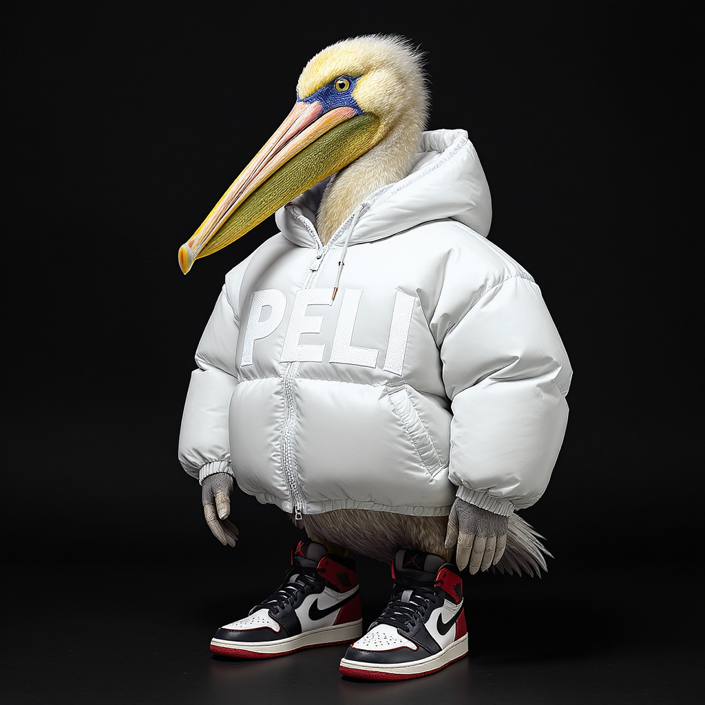 FLUX prompt: A pelican wearing an oversized puffy jacket and Ni...
