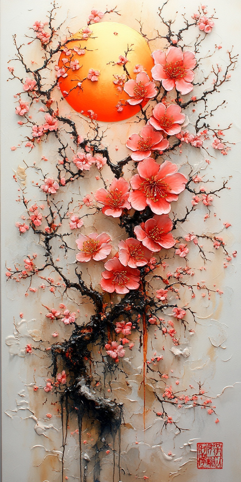 Midjourney prompt: Cherry blossoms and the moon in the style of Ukiyo...