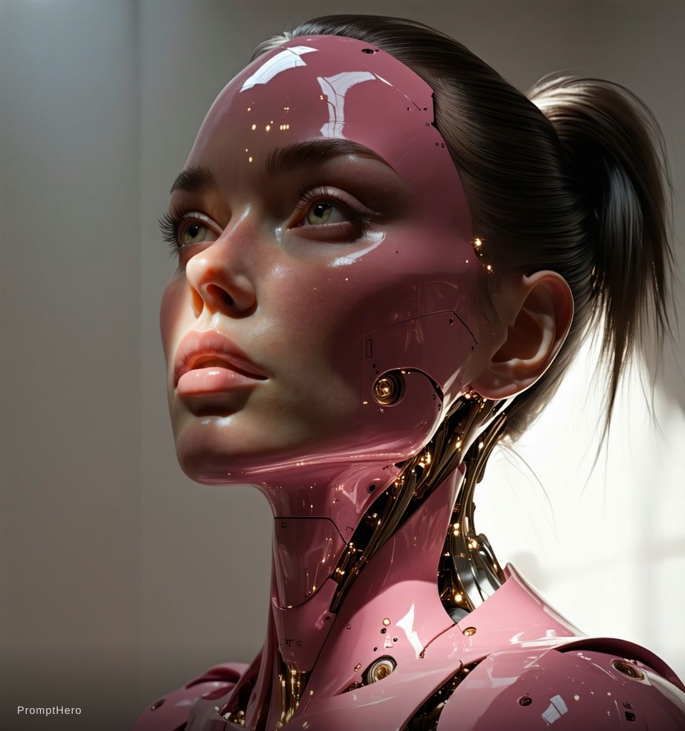 Hero prompt: woman bionic ceramic glossy pink face sculpture, p...