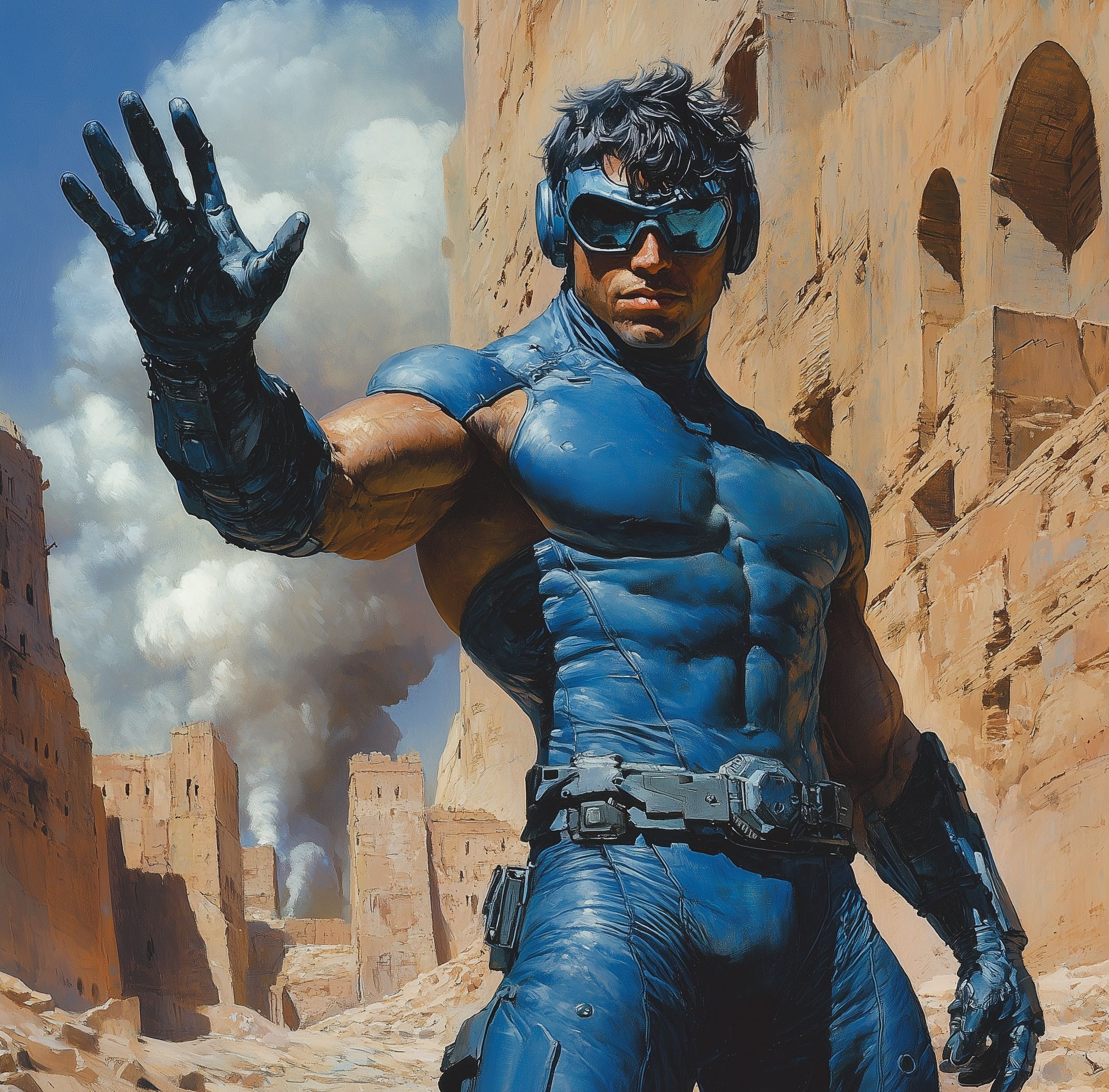 Midjourney prompt: A muscular man in blue body armor and futuristic g...