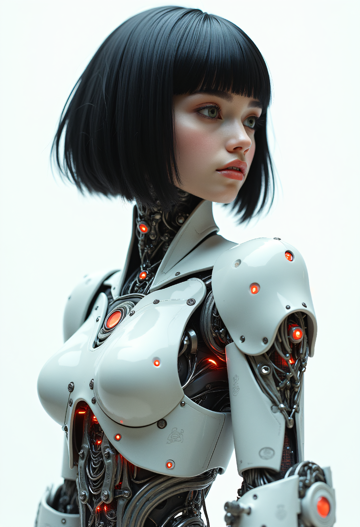 FLUX prompt: Hyperdetailed cyborg half body shot, feminine andr...
