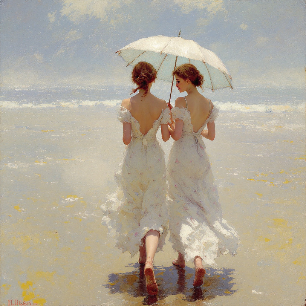 FLUX prompt: Impressionist painting, Two women walking on the b...