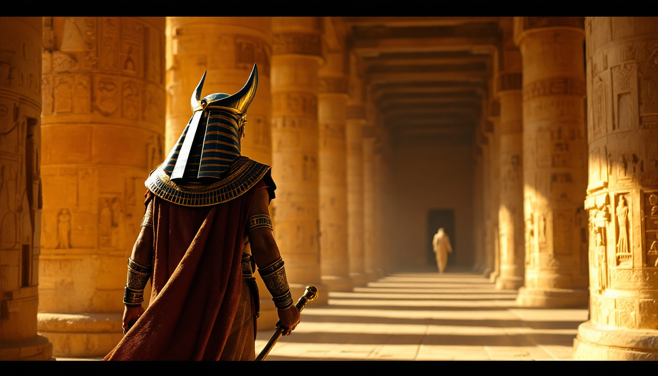 FLUX prompt: An ancient Egyptian pharaoh walks down a long corr...