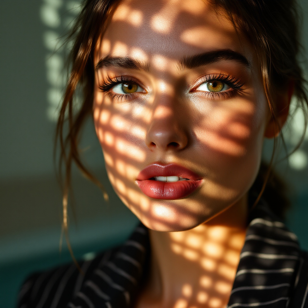 FLUX prompt: Close-up portrait of a woman illuminated by soft, ...